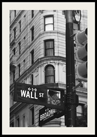 Black and white photographed road sign with text Wall Street-2