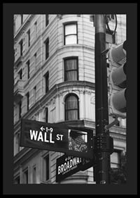 Black and white photographed road sign with text Wall Street-4