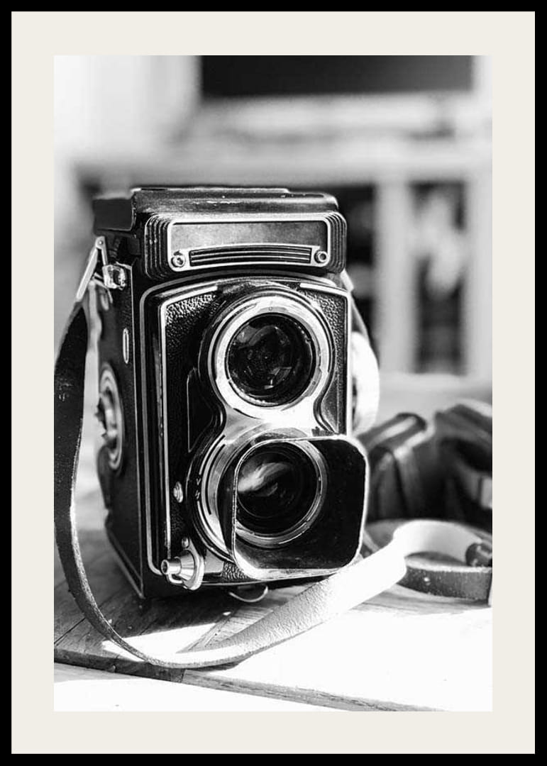 Black and white close-up of vintage two-eyed analog camera on table-12