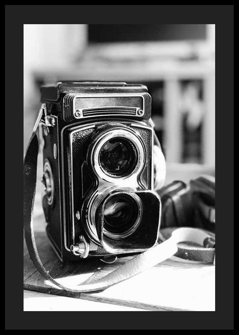 Black and white close-up of vintage two-eyed analog camera on table-12