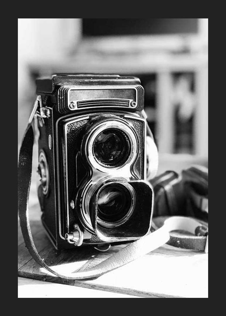 Black and white close-up of vintage two-eyed analog camera on table-12