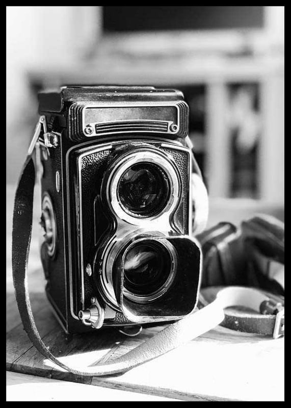 Black and white close-up of vintage two-lens analog camera on table-12
