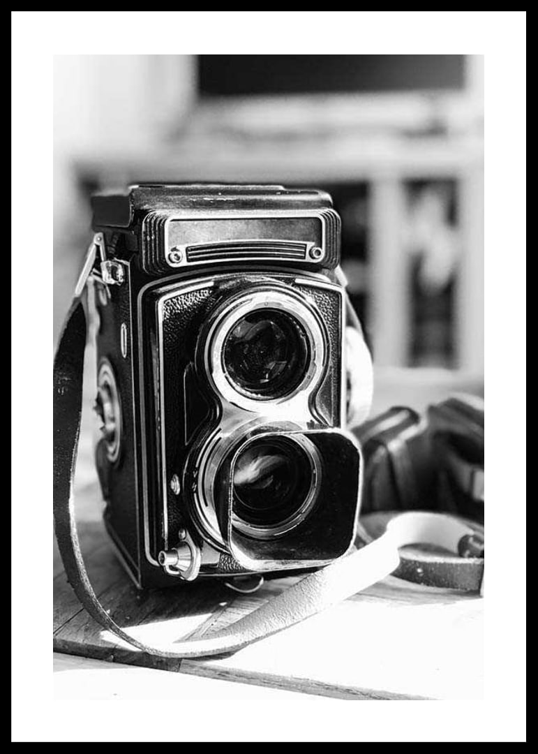 Black and white close-up of vintage two-lens analog camera on table-12