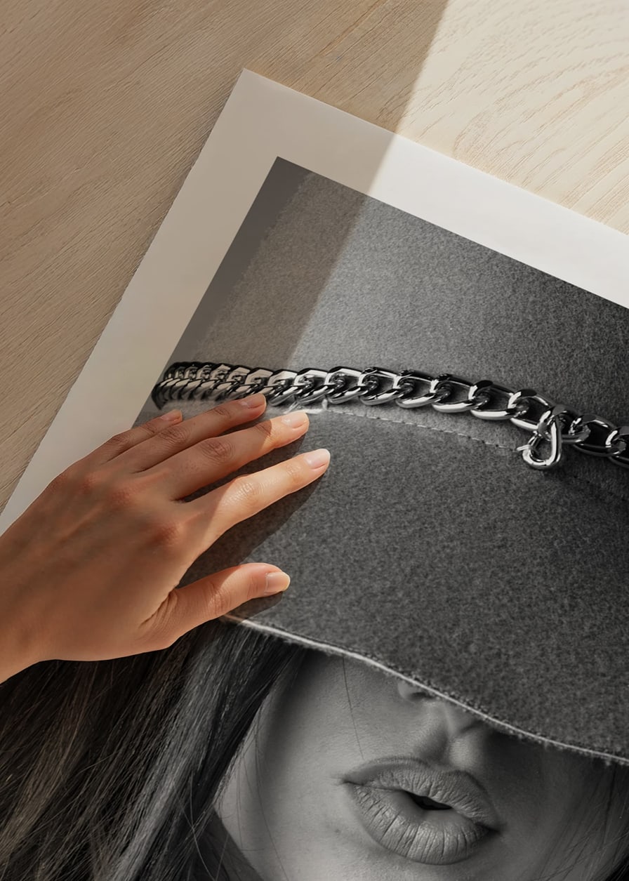 Black and white fashion image of woman with big hat and long hair-12