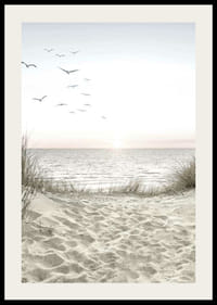 Ljus strand med sanddyner, hav, sjöfåglar och soluppgång-2