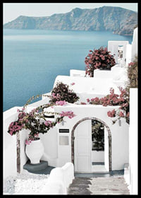 White houses with pink bougainvillea by the sea in Santorini-6