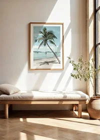 Photograph of leaning palm tree at sandy beach with sailboats-8