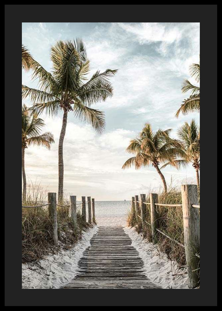 Photograph of wooden pier against beach and ocean with palm trees-12