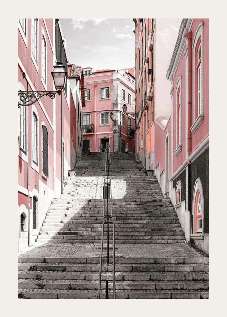 Photograph of steep staircase surrounded by pink houses in Lisbon-12