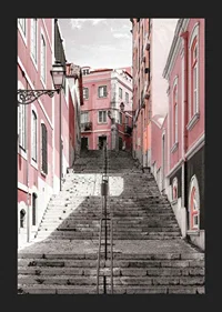 Photograph of steep staircase surrounded by pink houses in Lisbon-5