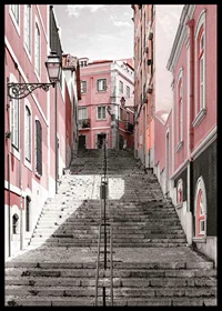 Photograph of steep staircase surrounded by pink houses in Lisbon-6