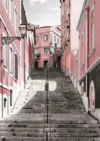 Photograph of steep staircase surrounded by pink houses in Lisbon-7