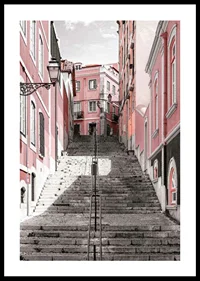 Photograph of steep staircase surrounded by pink houses in Lisbon-0