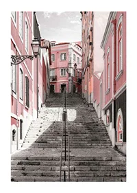Photograph of steep staircase surrounded by pink houses in Lisbon-1
