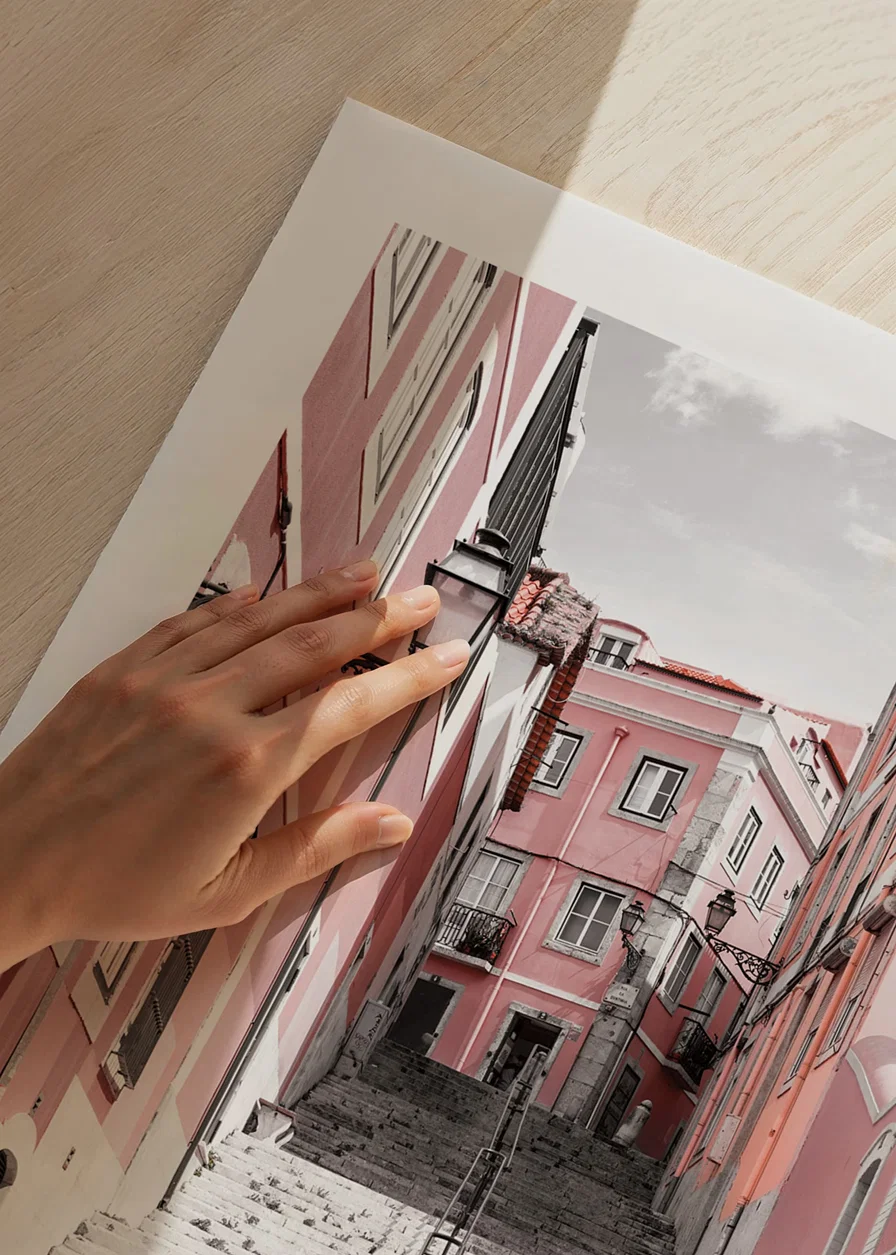 Photograph of steep staircase surrounded by pink houses in Lisbon-12