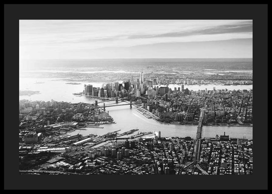 Black and white aerial view of Manhattan with bridges and skyscrapers-12