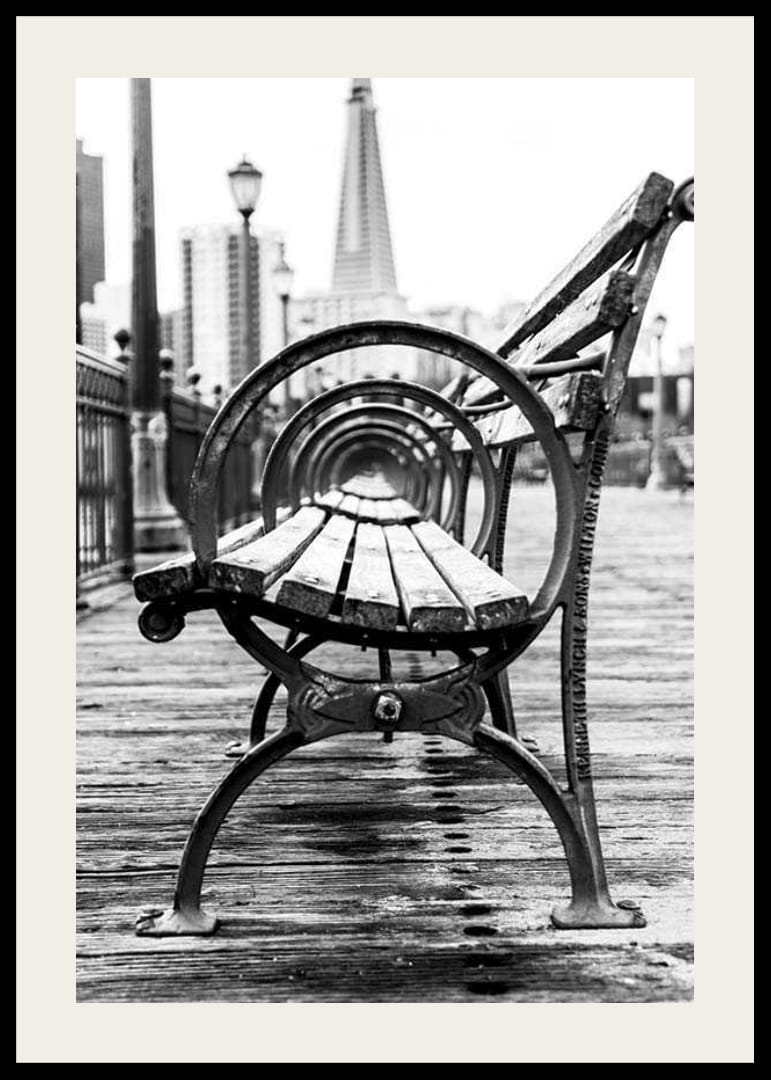 Čiernobiela fotografia lavičky v parku na drevenom móle s panorámou mesta-12