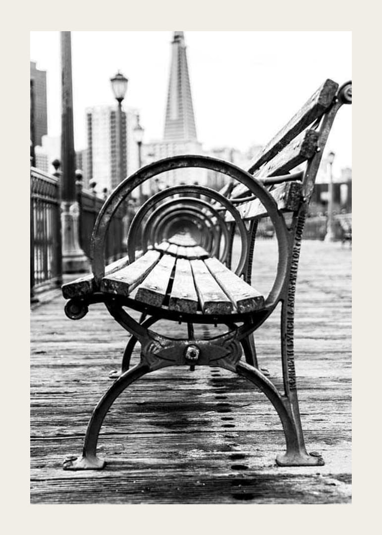 Čiernobiela fotografia lavičky v parku na drevenom móle s panorámou mesta-12