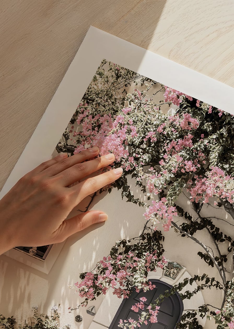 Fotografi av grå dörr omgiven av bougainvillea i rosa toner-12