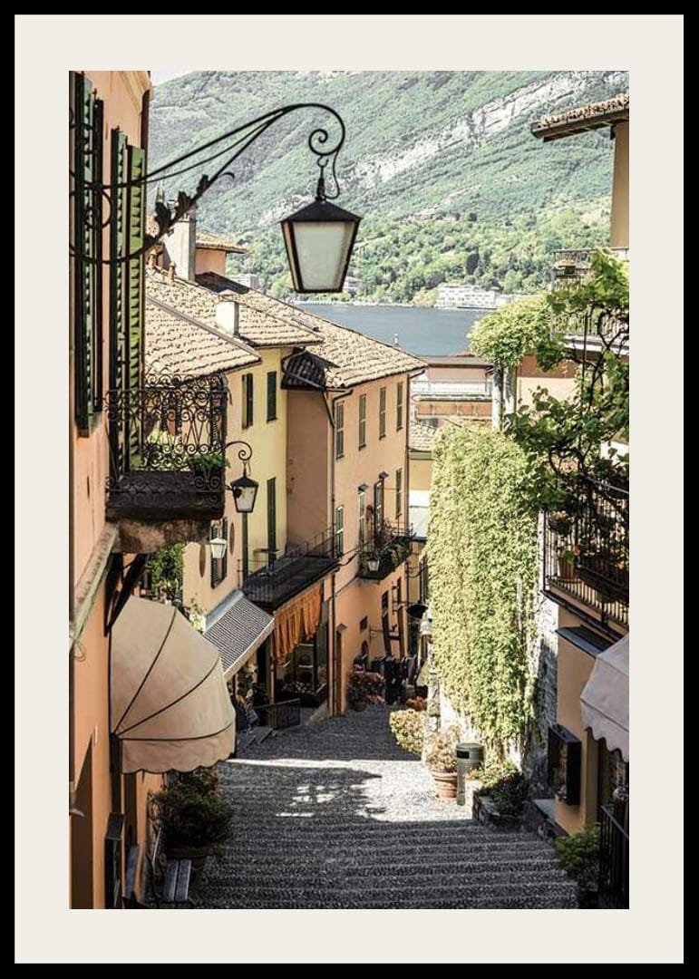 Photograph of narrow alley in Bellagio with pastel colored houses-12