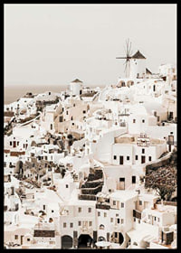 Vita hus i Oia på Santorini med vindkvarn och ljus bakgrund-6