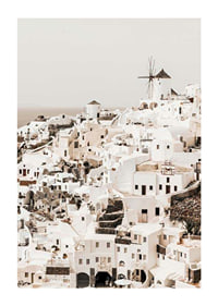 Vita hus i Oia på Santorini med vindkvarn och ljus bakgrund-1