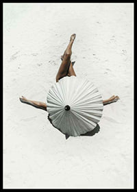 Photographic motif with woman and white parasol on sandy beach-6