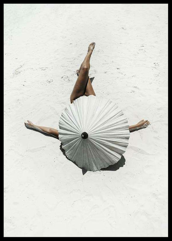 Photographic motif with woman and white parasol on sandy beach-12
