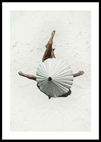 Photographic motif with woman and white parasol on sandy beach-0