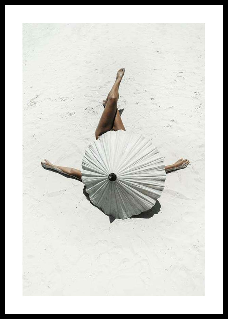 Photographic motif with woman and white parasol on sandy beach-12