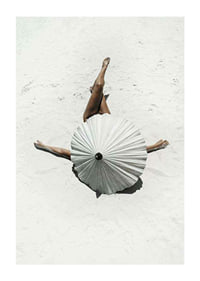 Photographic motif with woman and white parasol on sandy beach-1
