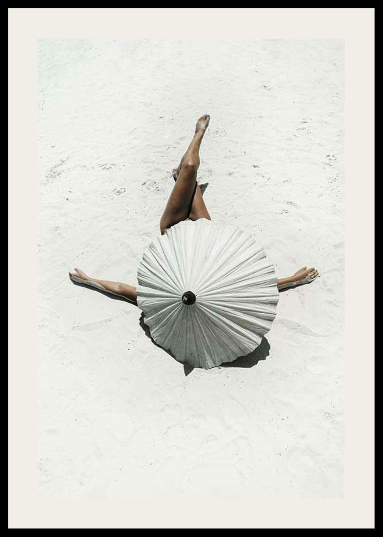 Photographic motif with woman and white parasol on sandy beach-12