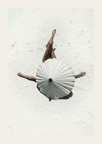 Photographic motif with woman and white parasol on sandy beach-3