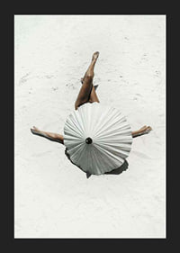 Photographic motif with woman and white parasol on sandy beach-5