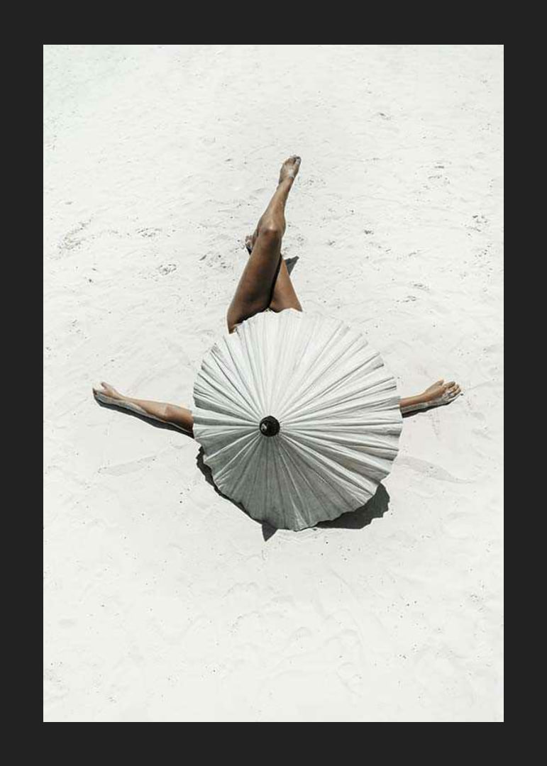 Photographic motif with woman and white parasol on sandy beach-12