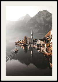 Fotografia di Hallstatt con chiesa, lago e alte montagne-2