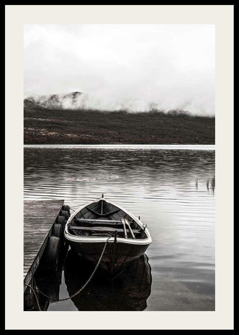 Fotografisk eka vid brygga i dimmig bergssjö, dova färger-12