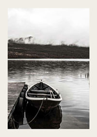 Photographic echo at jetty in foggy mountain lake, muted colors-3