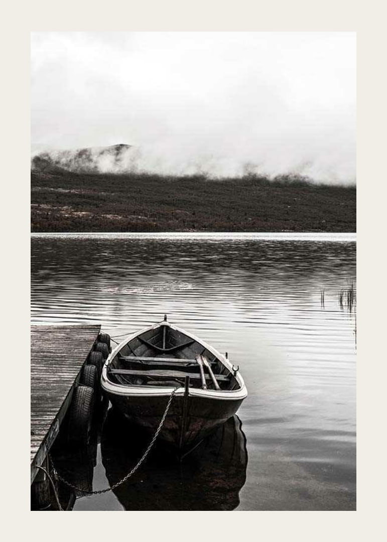 Photographic echo at jetty in foggy mountain lake, muted colors-12