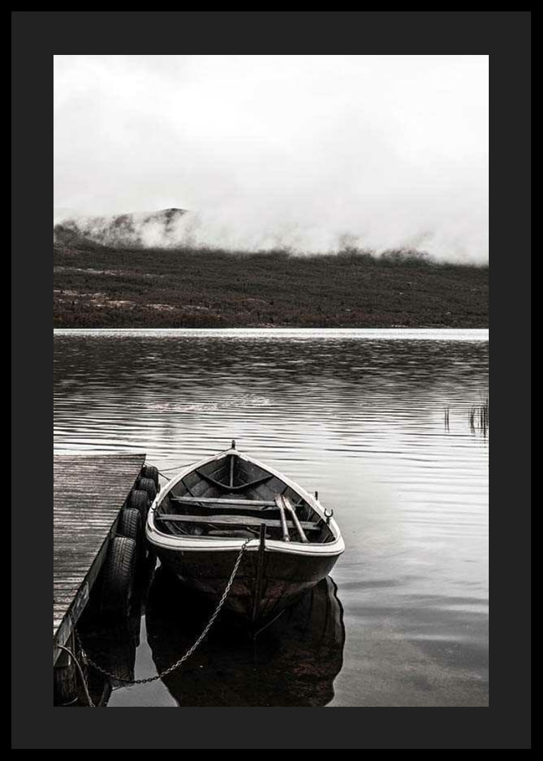 Photographic echo at jetty in foggy mountain lake, muted colors-12