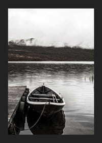 Fotografisk eka vid brygga i dimmig bergssjö, dova färger-5