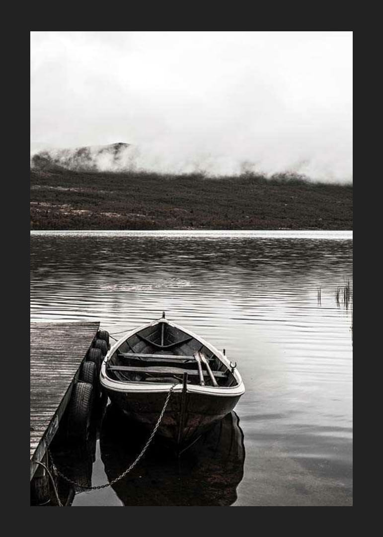Fotografisk eka vid brygga i dimmig bergssjö, dova färger-12
