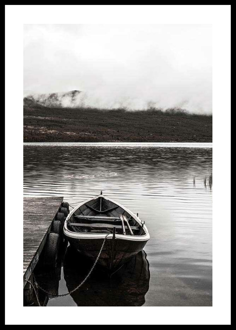 Photographic echo at jetty in foggy mountain lake, muted colors-12