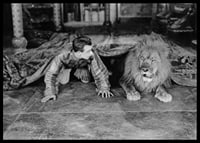 Black and white photograph of young man and lion on floor indoors-6