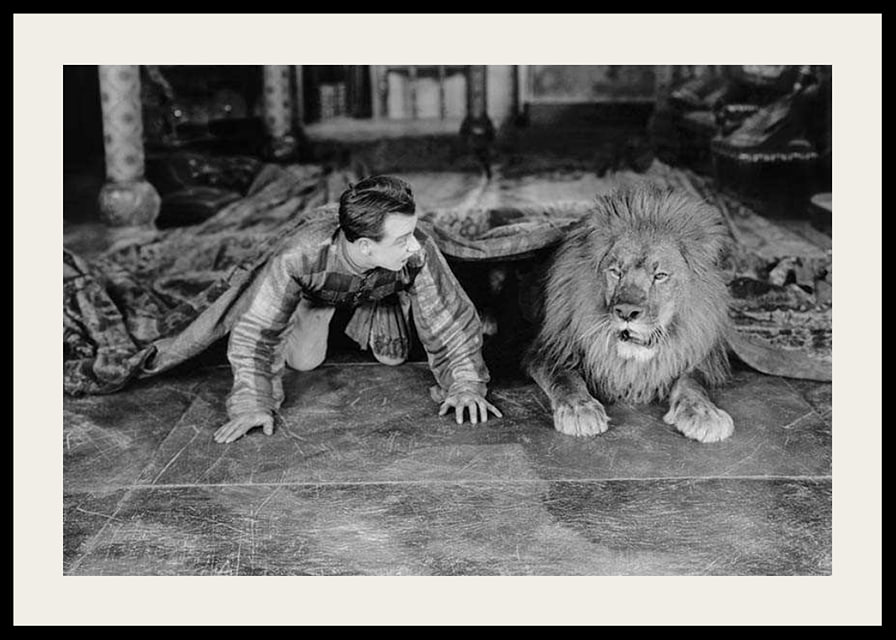 Black and white photograph of young man and lion on floor indoors-12
