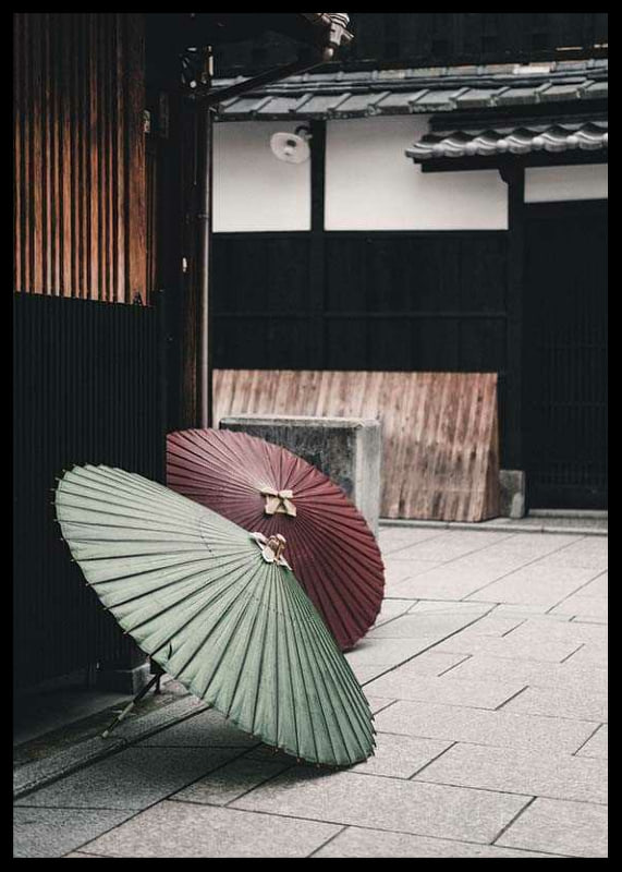 Photograph of red and green Japanese parasol against wooden facade-12
