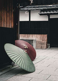 Photograph of red and green Japanese parasol against wooden facade-7
