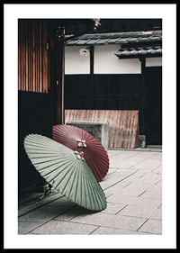 Photograph of red and green Japanese parasol against wooden facade-0