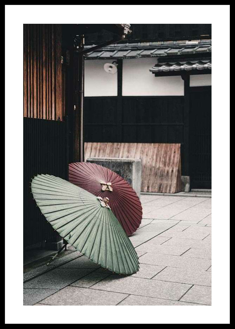 Photograph of red and green Japanese parasol against wooden facade-12
