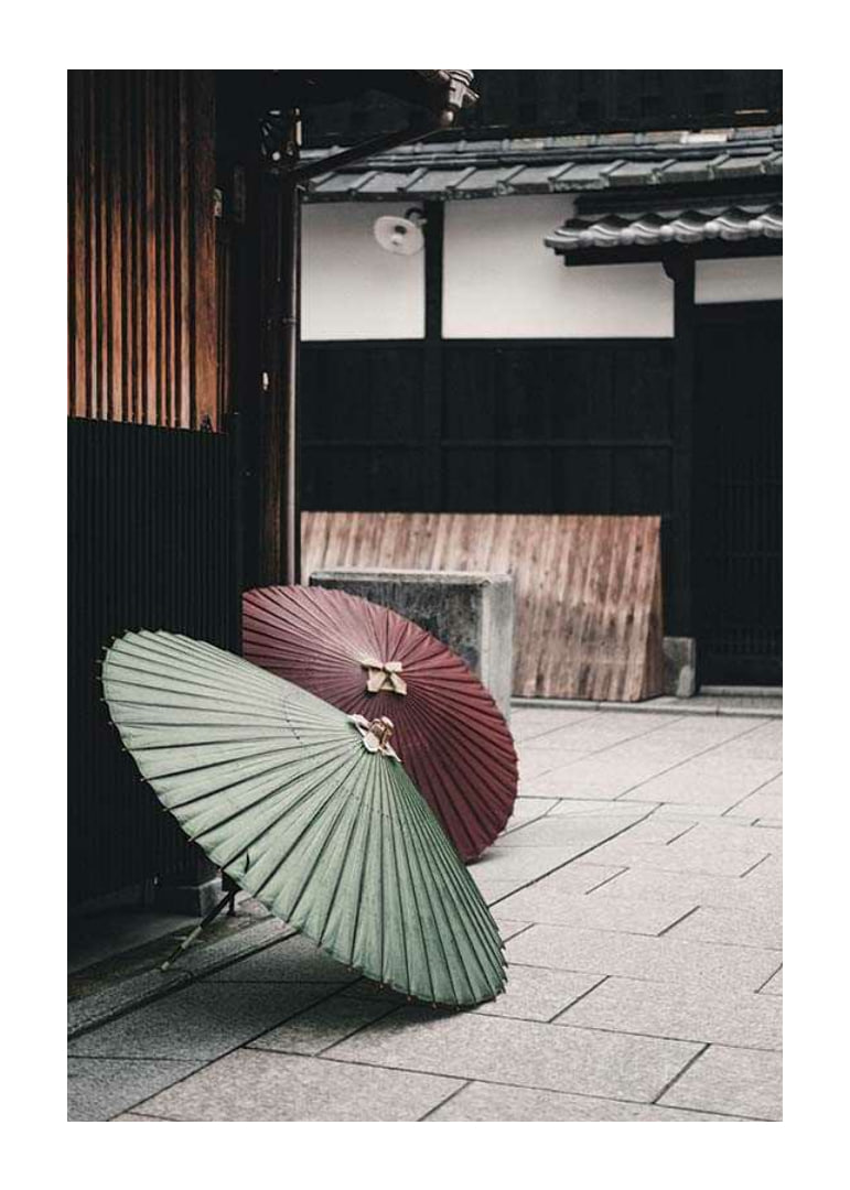 Photograph of red and green Japanese parasol against wooden facade-12
